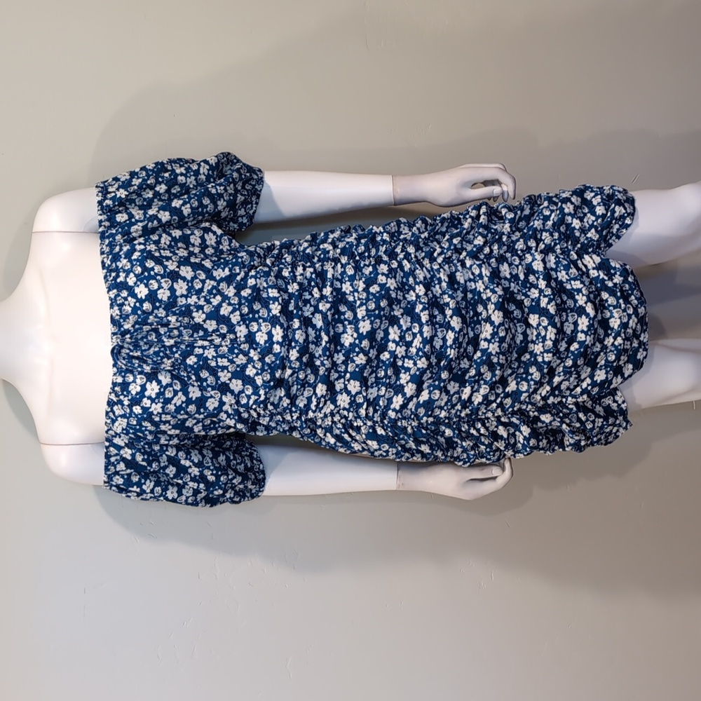 SHEIN Blue And White Floral Off Shoulder Tie Bust Ruched Front Mini Dress Large